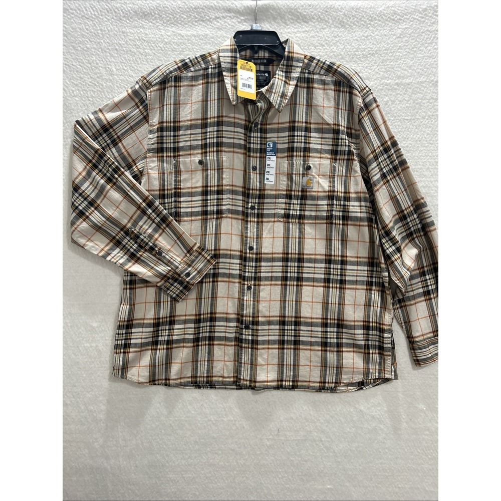 Carhartt Men's Rugged Flex Relaxed Fit Lightweight Long Plaid Shirt Cream/Orang - Picture 1 of 9